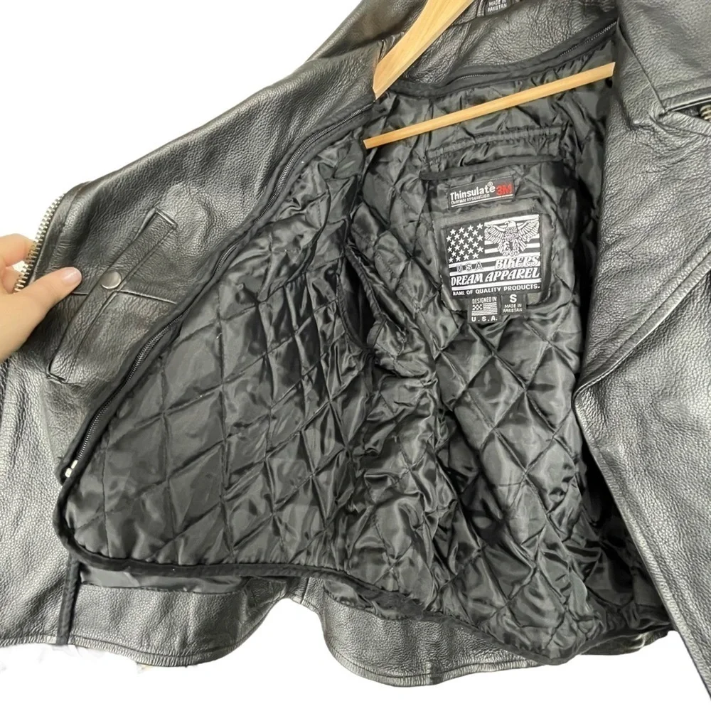 BIKERS DREAM APPAREL HEAVY LEATHER ZIP UP BRAIDED TRIM MOTORCYCLE MOTO JACKET