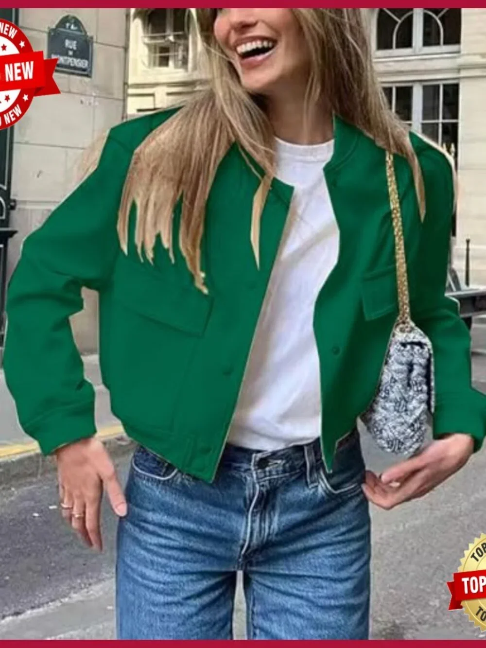 Cropped Bomber Jacket Button Down Varsity Shacket with Pockets