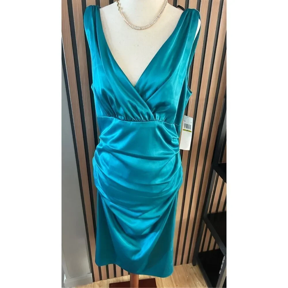 Suzi chin teal green mother of the bride wedding dress size 14 sleeveless scrunc