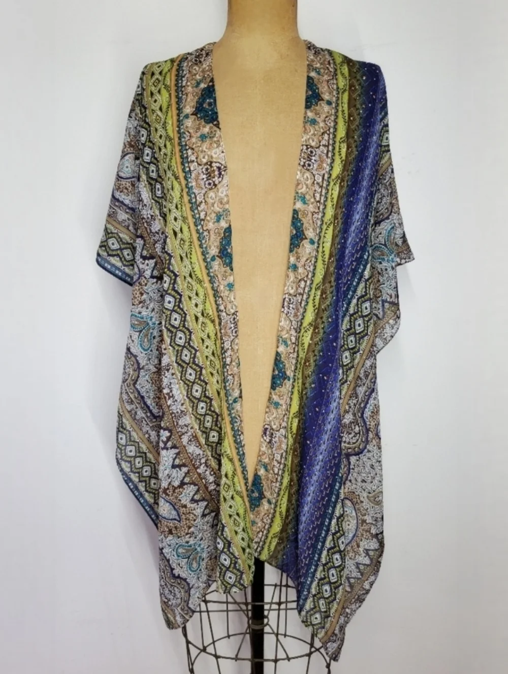 Jessica McClintock Scarf Shawl Wrap Cardigan Indigo Olive Paisley Floral Stripe