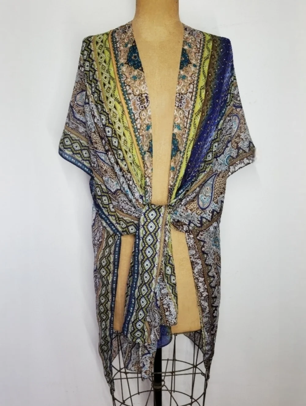 Jessica McClintock Scarf Shawl Wrap Cardigan Indigo Olive Paisley Floral Stripe