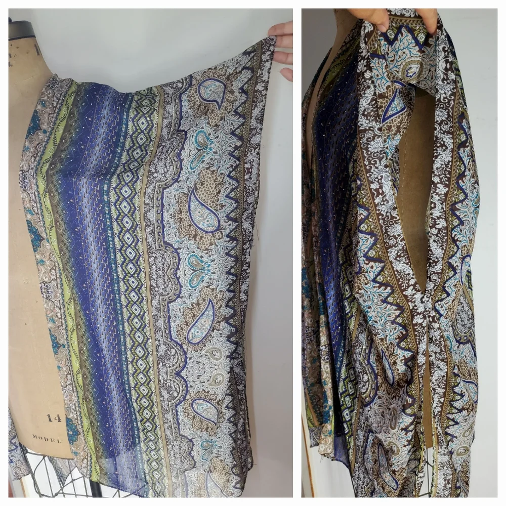 Jessica McClintock Scarf Shawl Wrap Cardigan Indigo Olive Paisley Floral Stripe