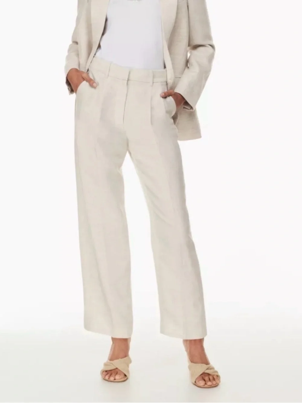 Wilfred Aritzia Carrot Linen Cropped Pleated Tailored Pant 0 Ecru Cream Chic‎