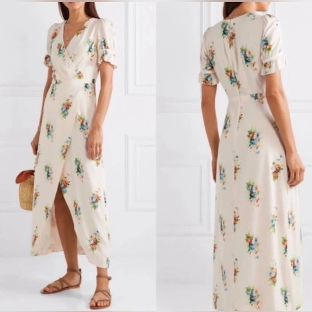 Madewell Magdalena Floral Wrap Cream Flutter Sleeve Midi Dress Size 4 Boho