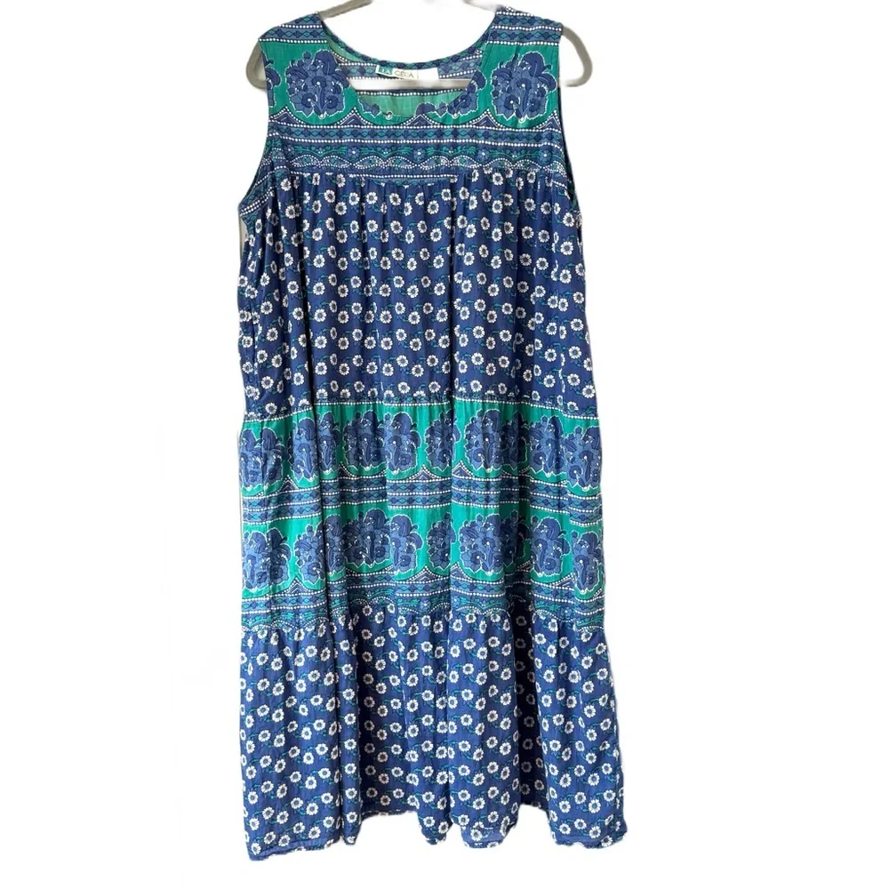 La Cera 100% Cotton Floral Print Sleeveless Midi Dress Blue and Green Size XLP
