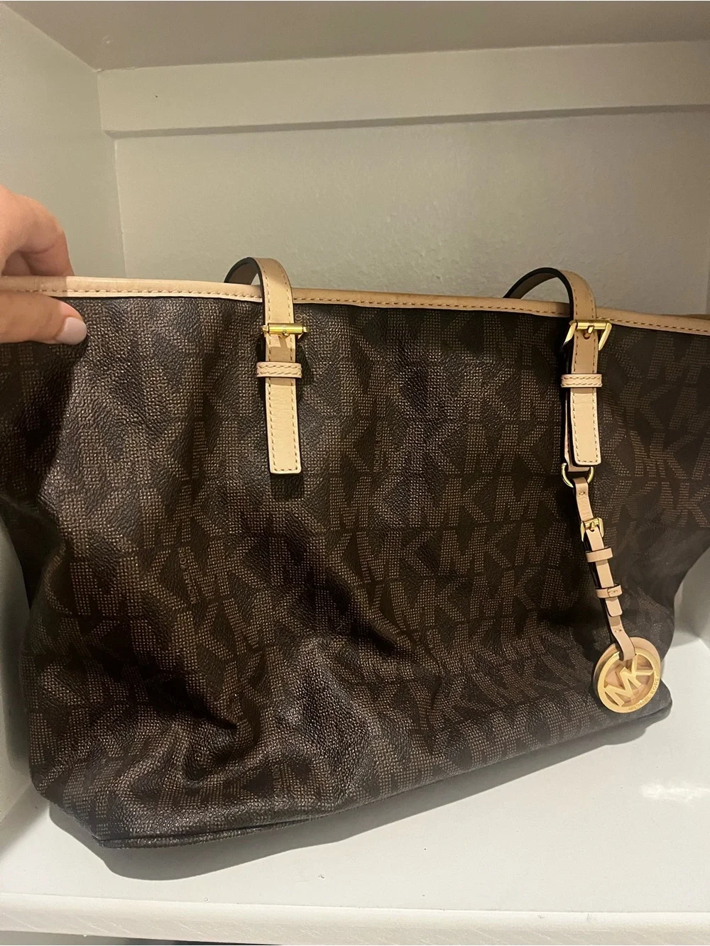 Michael Kors Brown Signature MK Logo Large Tote Shoulder Bag Gold Charm