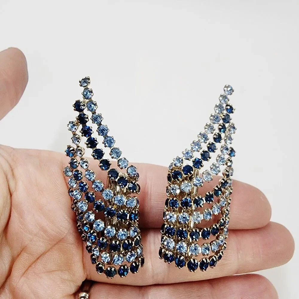 Vintage Large Oversized Blue Rhinestone Statement Climber Earrings Clip On