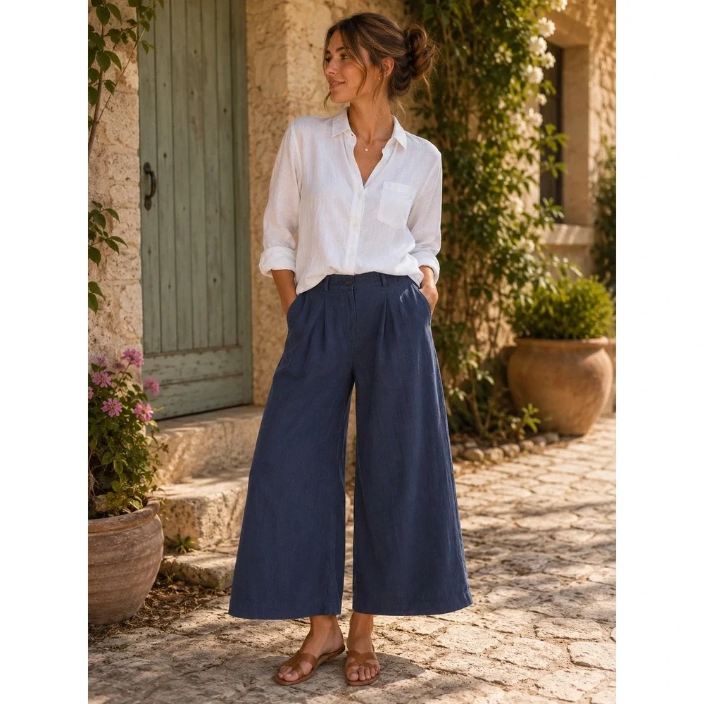 Zara Pants Womens XS Blue Wide Leg Culottes Flowy Minimalist