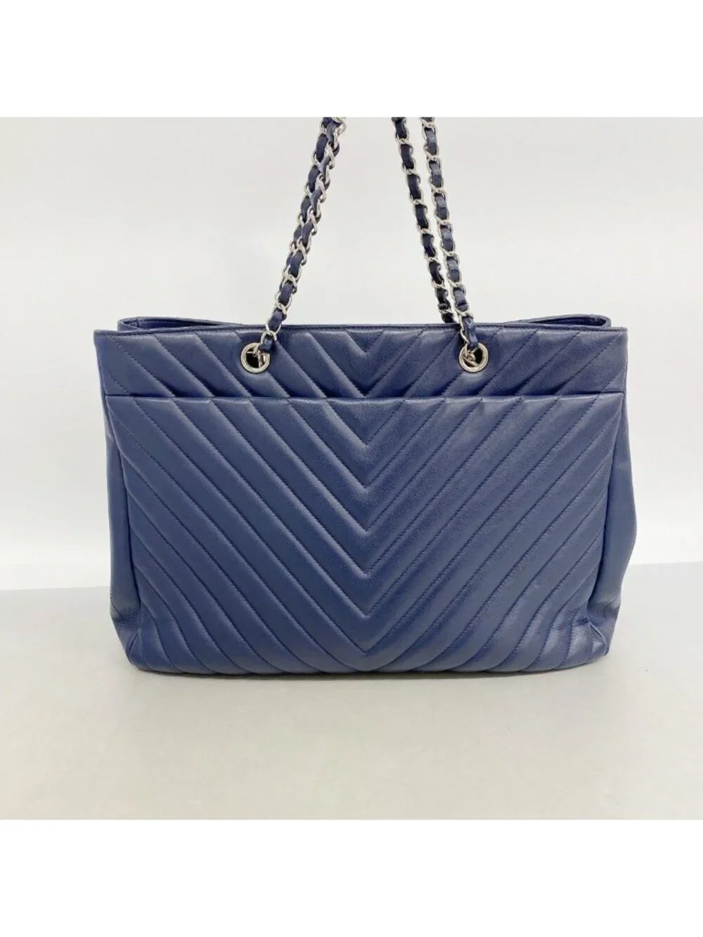 Chanel Chain Tote Stitch Lambskin Navy Silver