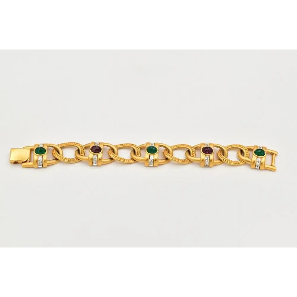 Givenchy Vintage Cabochon Bracelet Multi-Color Brushed Gold Crystal Signed BinAD