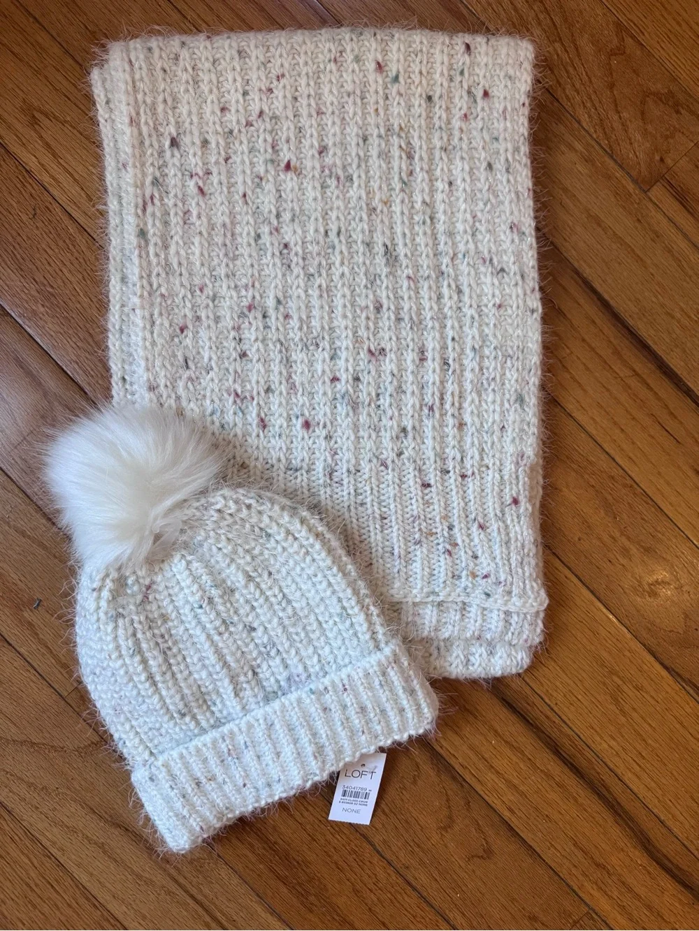 LOFT Cream Speckled Knit Beanie with Faux Fur Pom and Matching Scarf Set