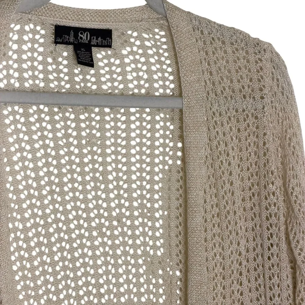 80 Park Cardigan Sweater Open Knit Open Front Beige Metallic Gold XL