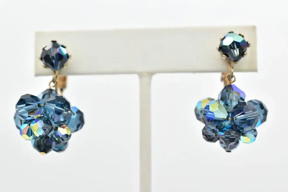 Laguna Vintage Clip On Crystal Earrings Dangle Navy Blue Drop Signed 1950s A24