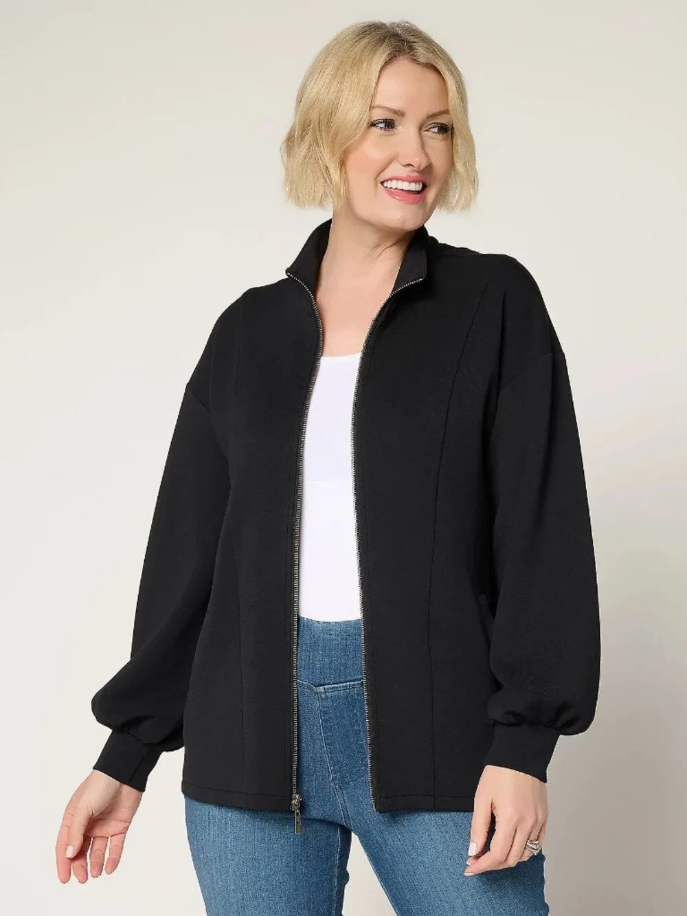 Belle by Kim Gravel ScubaLuxe Blouson Sleeve Zip-Up Jacket, Blk Sz  a698209