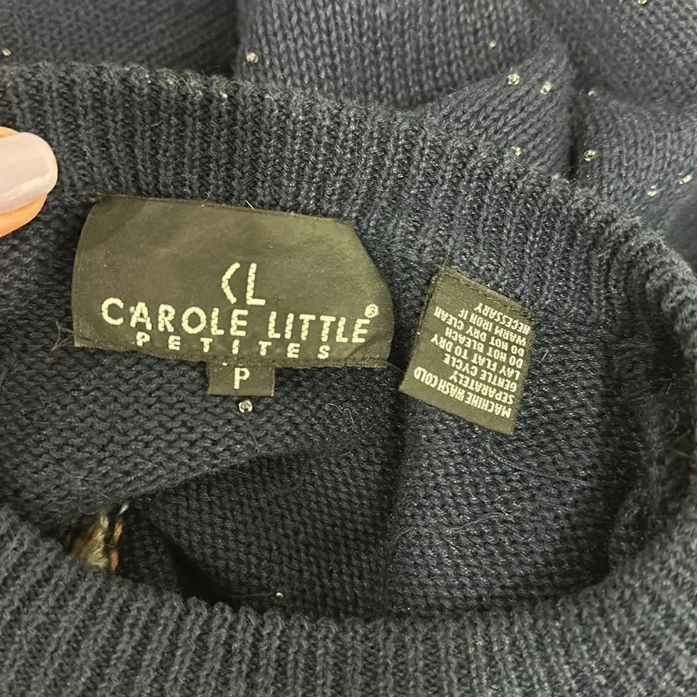 Carole Little Petites Vintage Floral Embroidery Beaded Pullover Sweater Size P