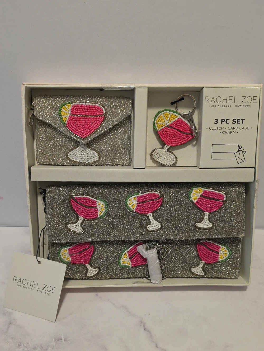 Rachel Zoe Silver Beaded Cocktail Clutch Set with Pink Cocktail Motifs Brand New