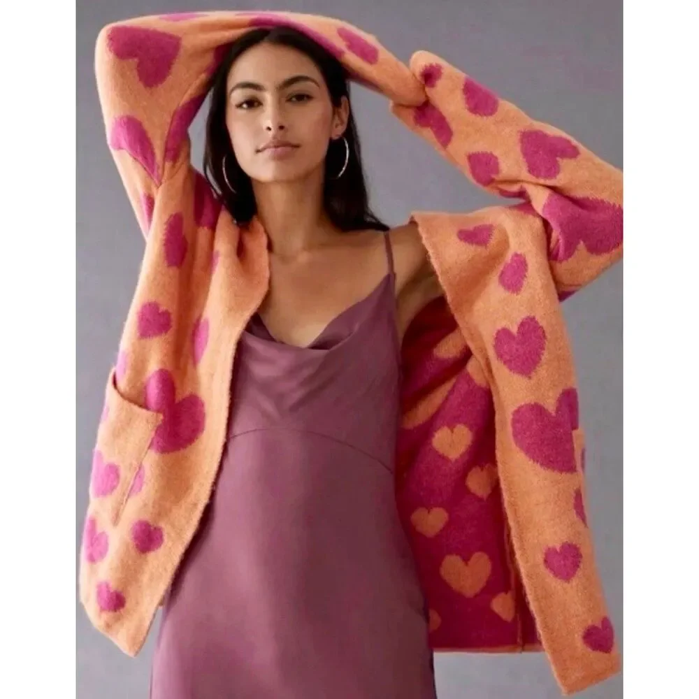 Maeve Anthropologie Cardigan Sweater Heart Open Oversize Orange Pink XS Small‎