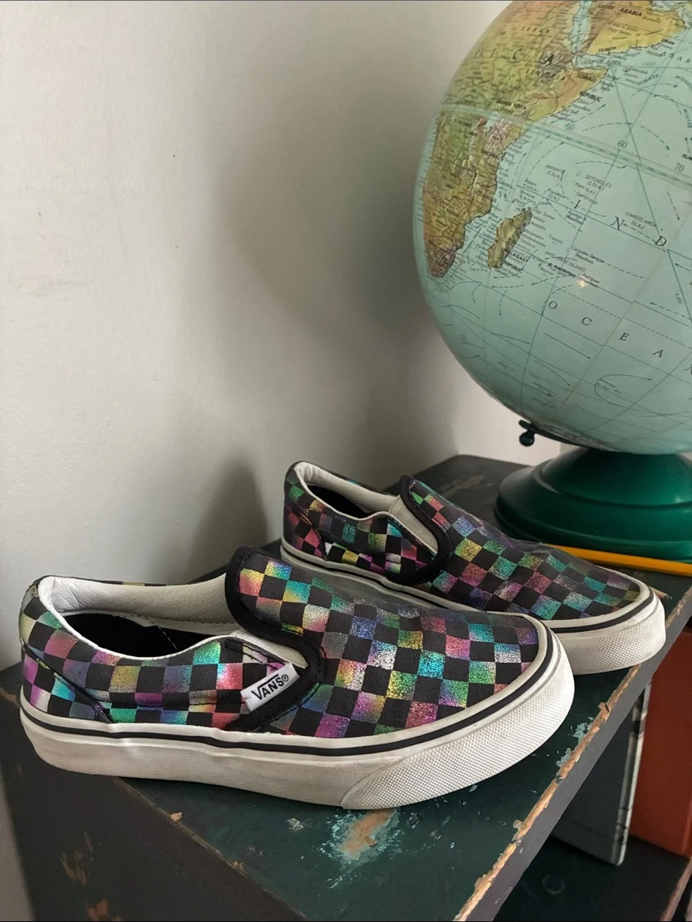 Vans Iridescent Rainbow Checkered Slip On Tennis Shoes Kids Size 2