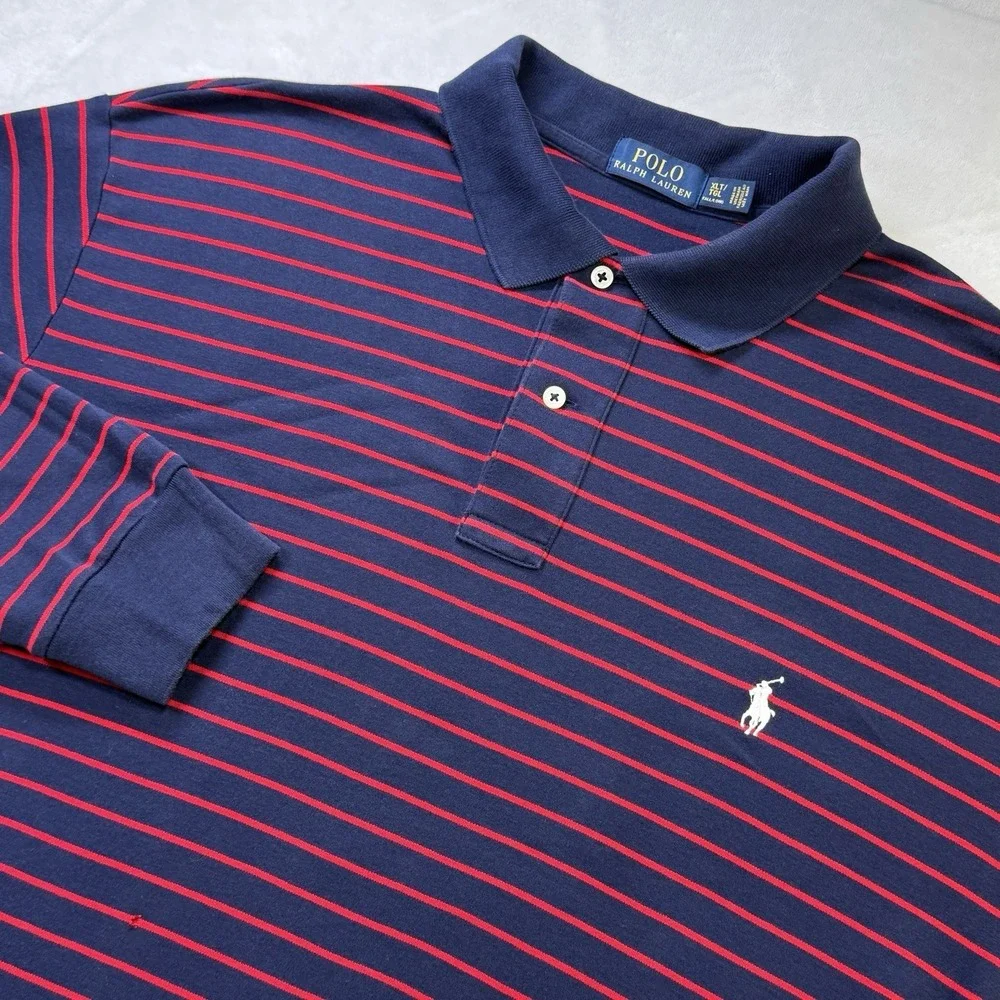 Polo Ralph Lauren Men's XLT Long Sleeve Striped Polo Shirt Navy Red Pony