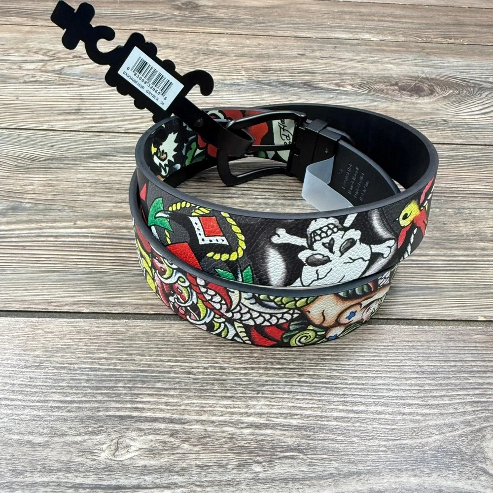 Ed Hardy Mens Size 34 Reversible Belt Black Grey Tattoo Graphic Skull New