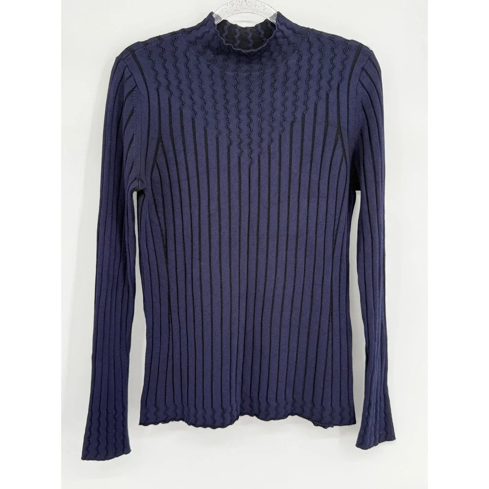 White House Black Market Navy Blue Ribbed Mock Neck Chevron Stripe Sweater Sz L