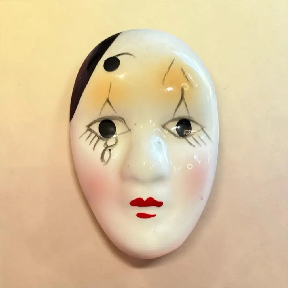 Vintage Ceramic Pierrot Clown Face Brooch Hand Painted Art Pottery Mask Pin