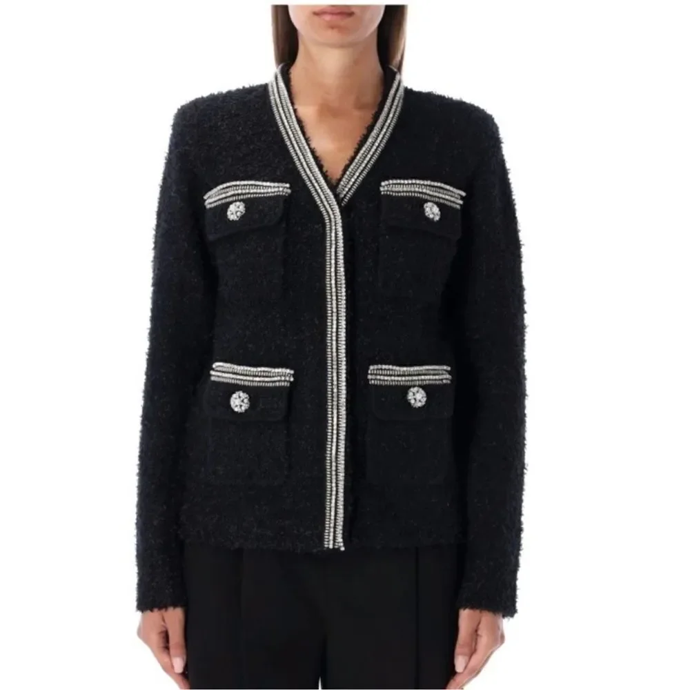 SELF-PORTRAIT Black Tape Knit Crystal-Embellished Bouclé Cardigan