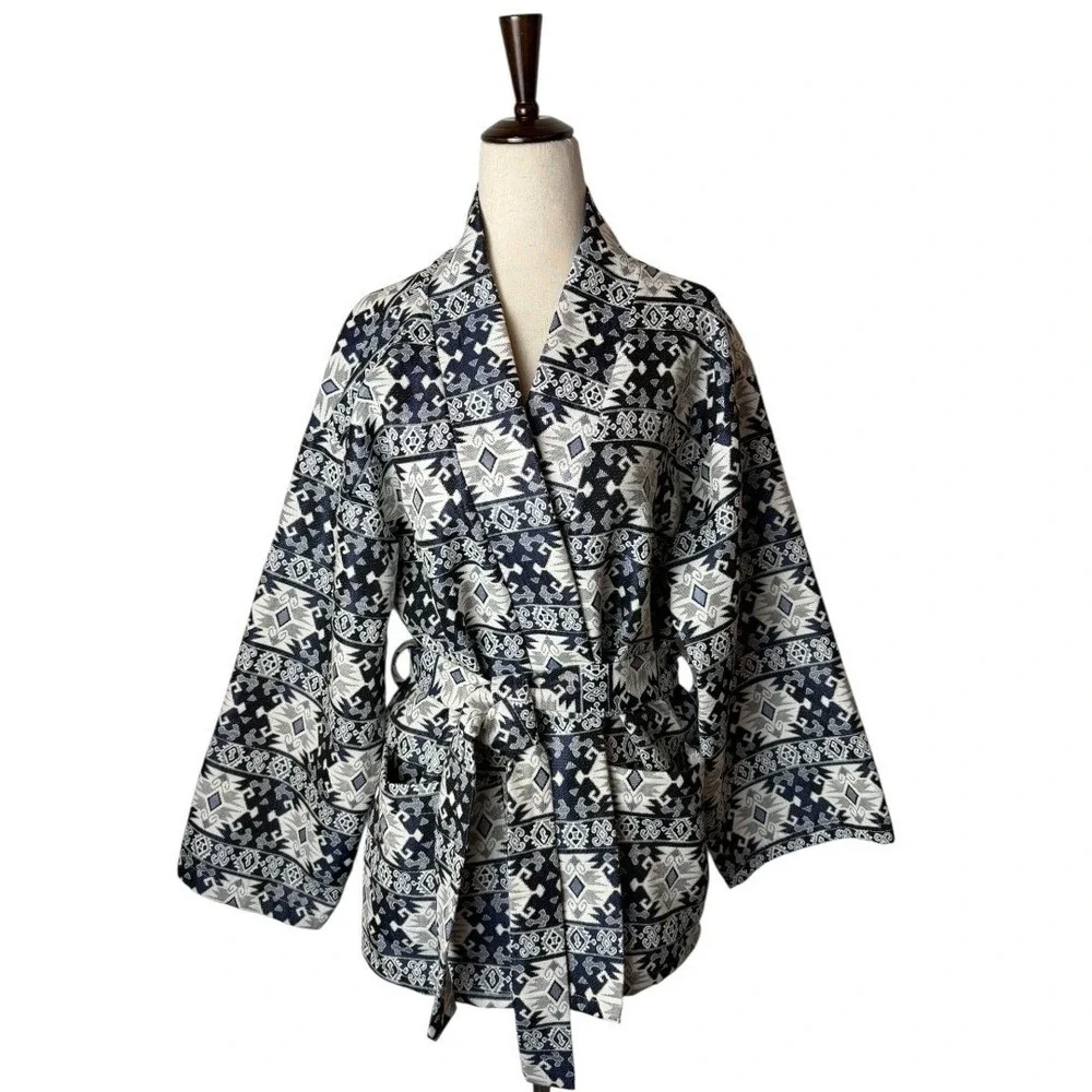 Free For Humanity Coat Women Medium Blue Tribal Jacquard Kimono‎ Trench Outdoor