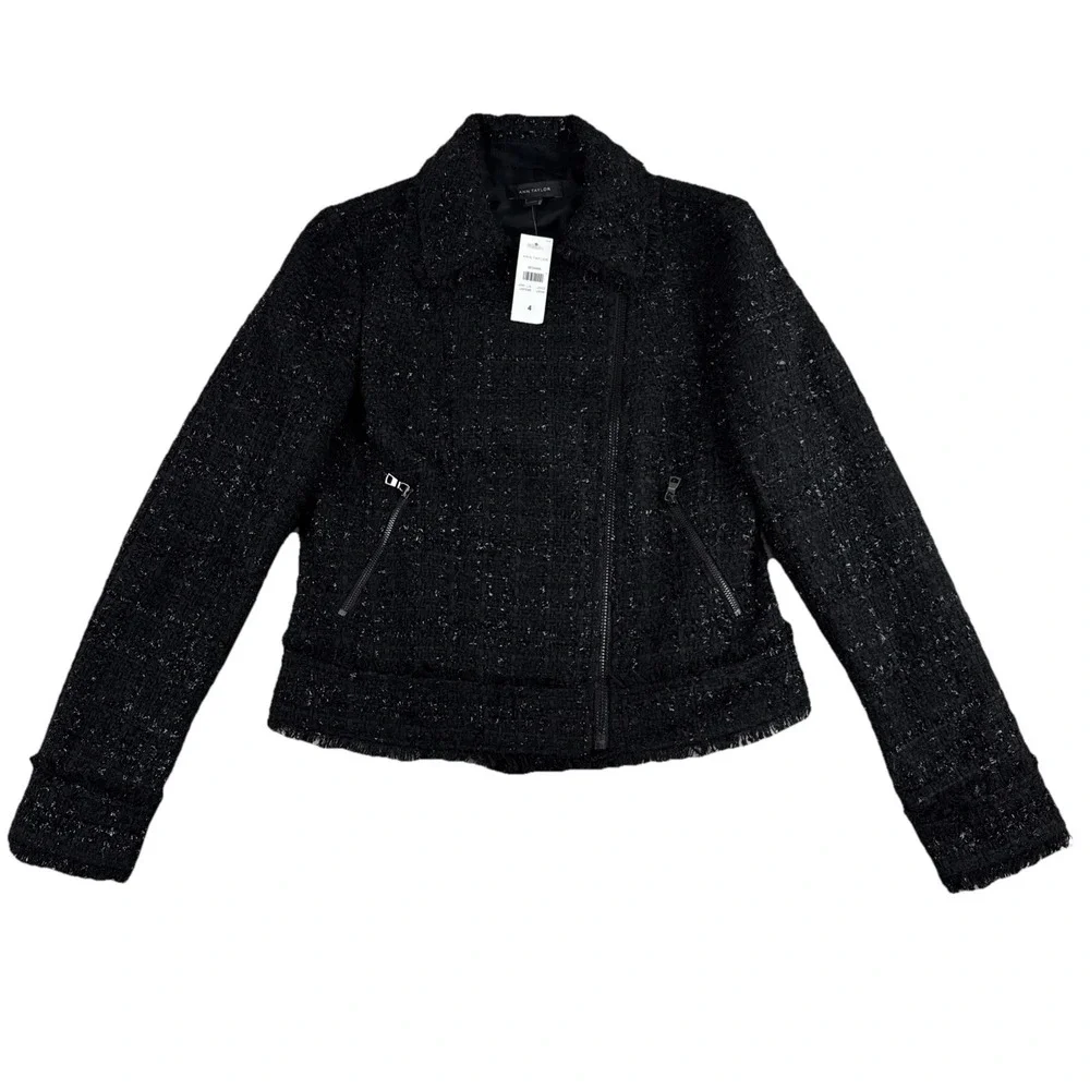 New! Ann Taylor Womens Black Tweed Sparkle Asymmetrical Zip Jacket Size 4