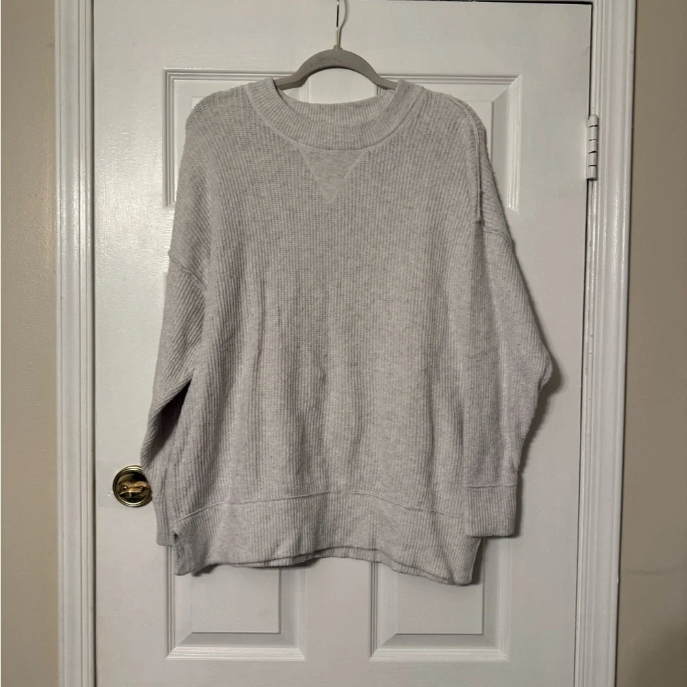 aerie Light White Ribbed Crewneck Sweater