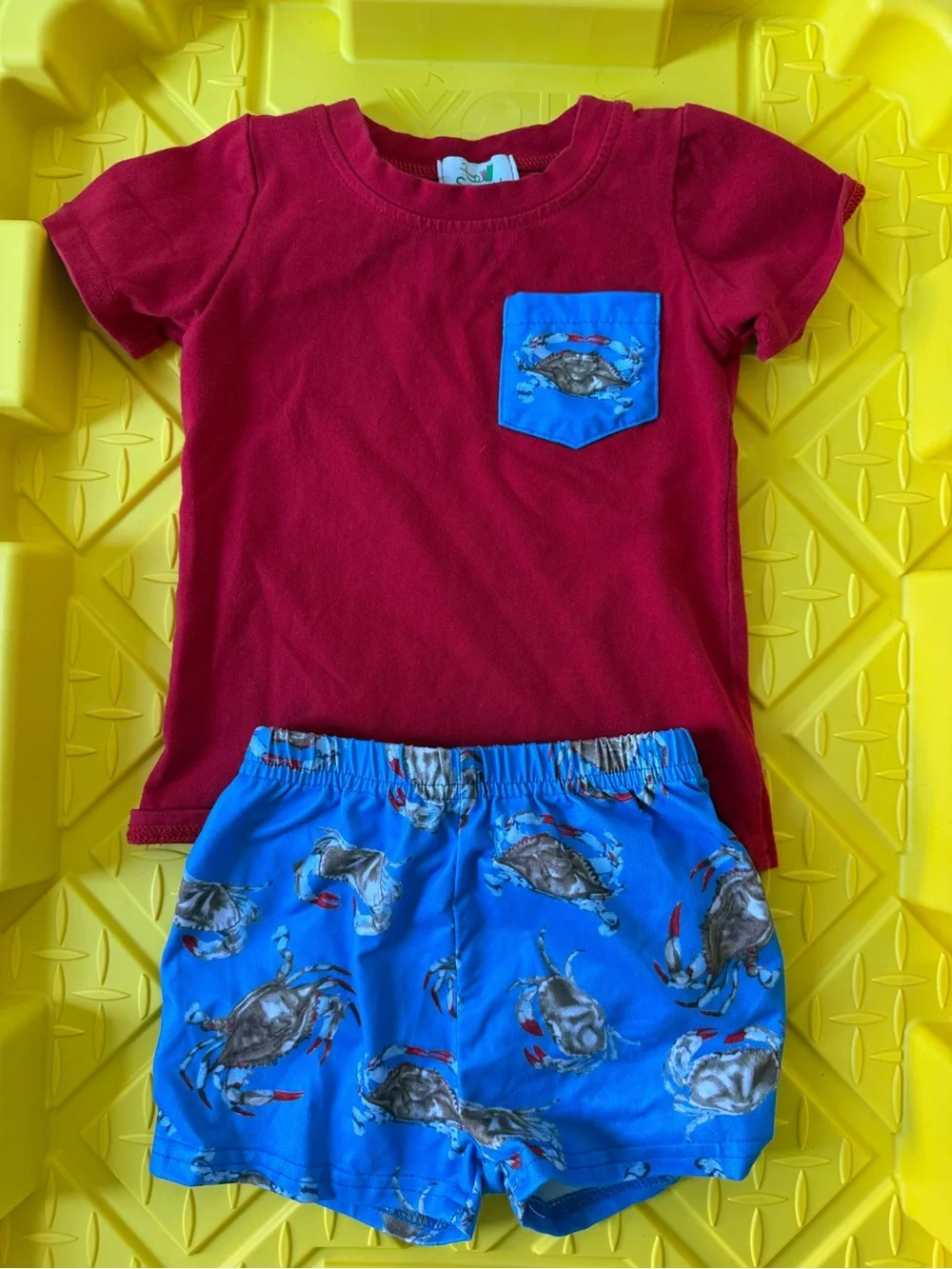 Red Tee with Blue Crab Pocket and Matching Crab Shorts