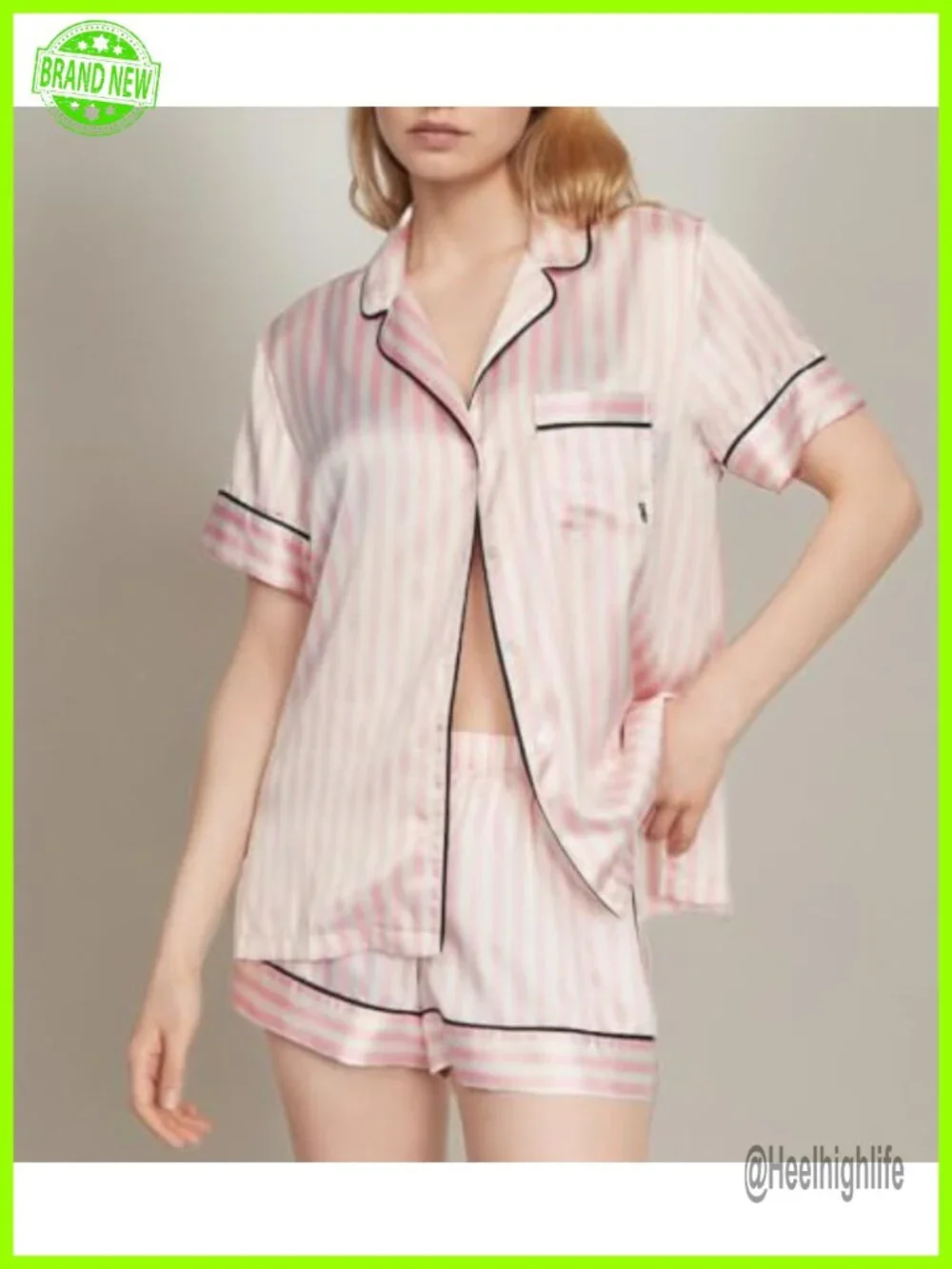 Satin Pajama Set Short Sleeve Button Down Shirt Shorts Sleepwear Women