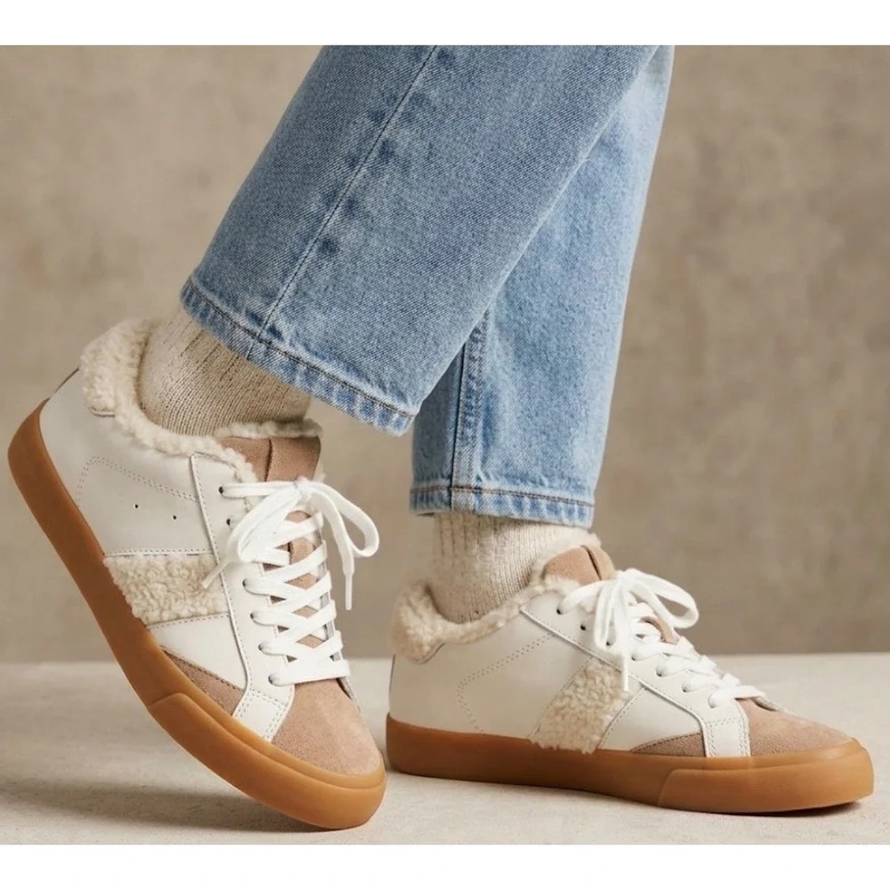 Marc Fisher Ltd. Sidewalk Low Top Sneakers White Leather Sherpa Suede Size 6