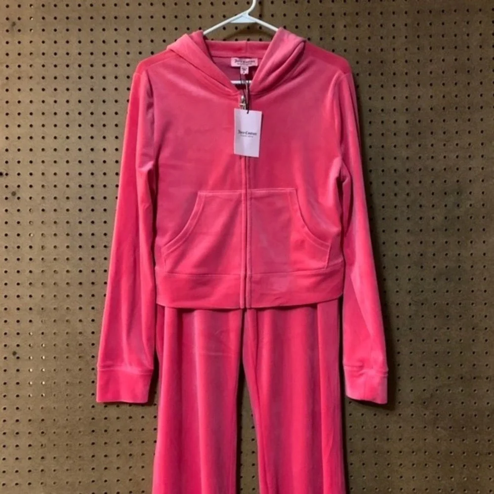 Juicy Couture Pink Velour Tracksuit Set Jacket‎ Pants Rhinestone Logo Large Y2K