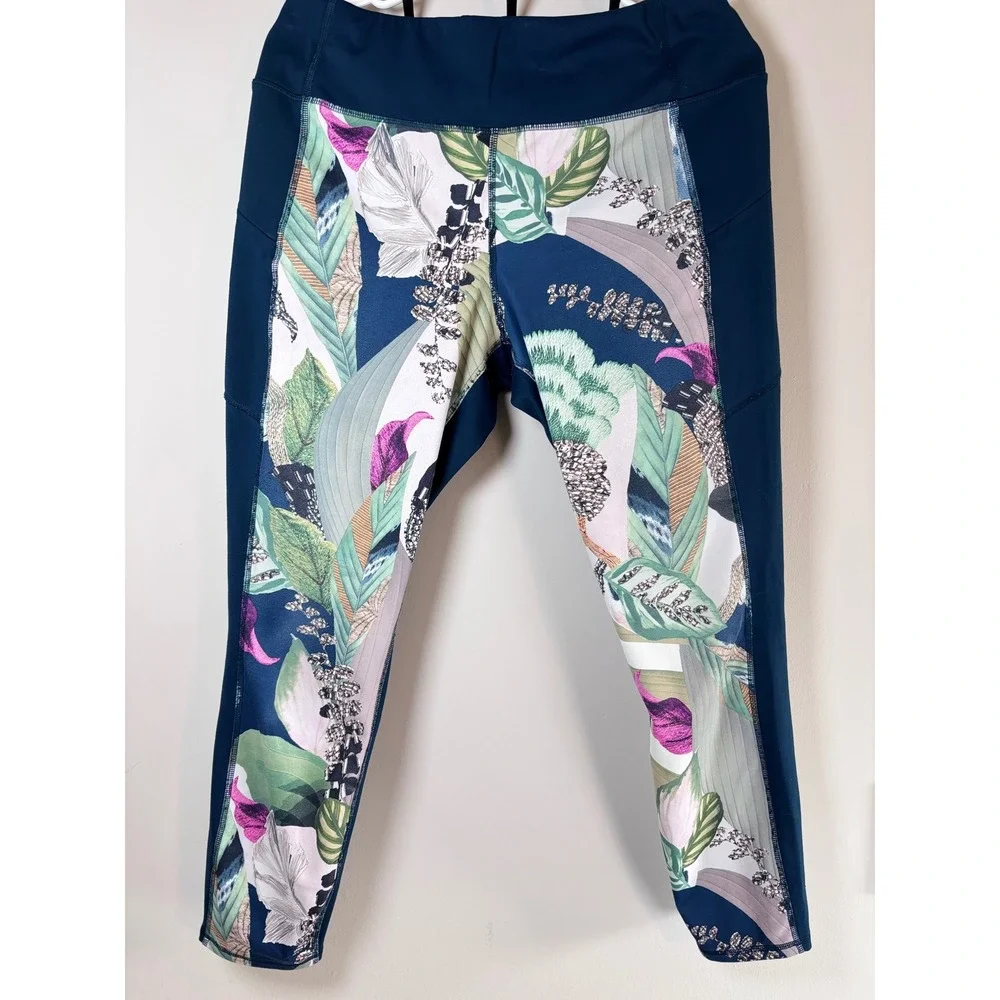 Athleta Womens Tropical Floral Print Leggings Teal Blue Pockets Size L Large