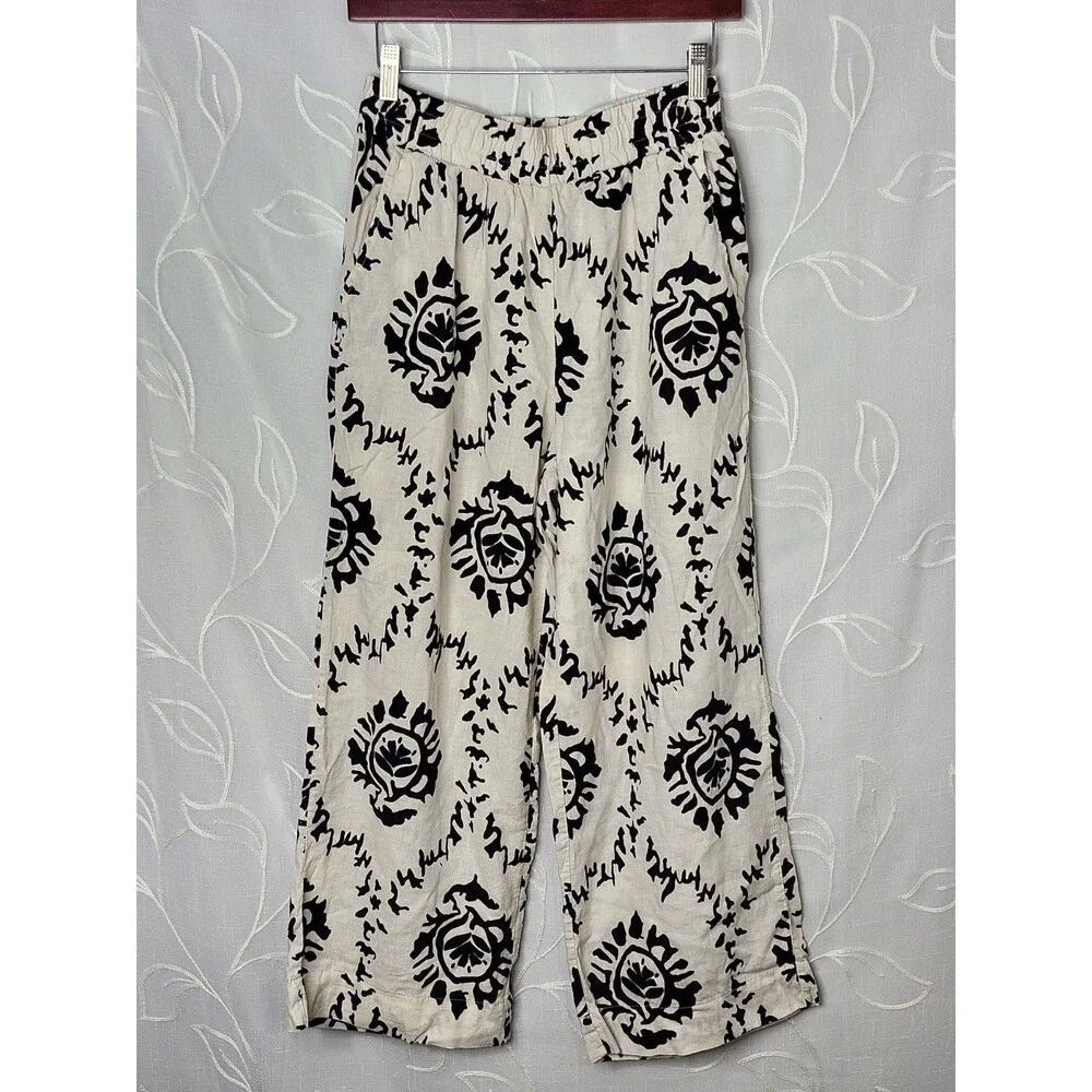 Christian Siriano Womens Small Linen Blend Wide Leg Palazzo Pants Black Cream