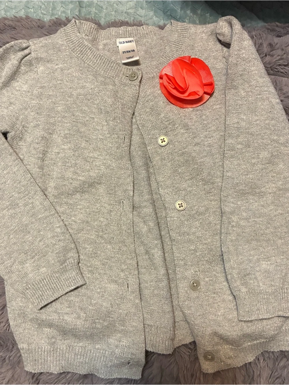 Old Navy Gray Cardigan with Coral Flower Pin