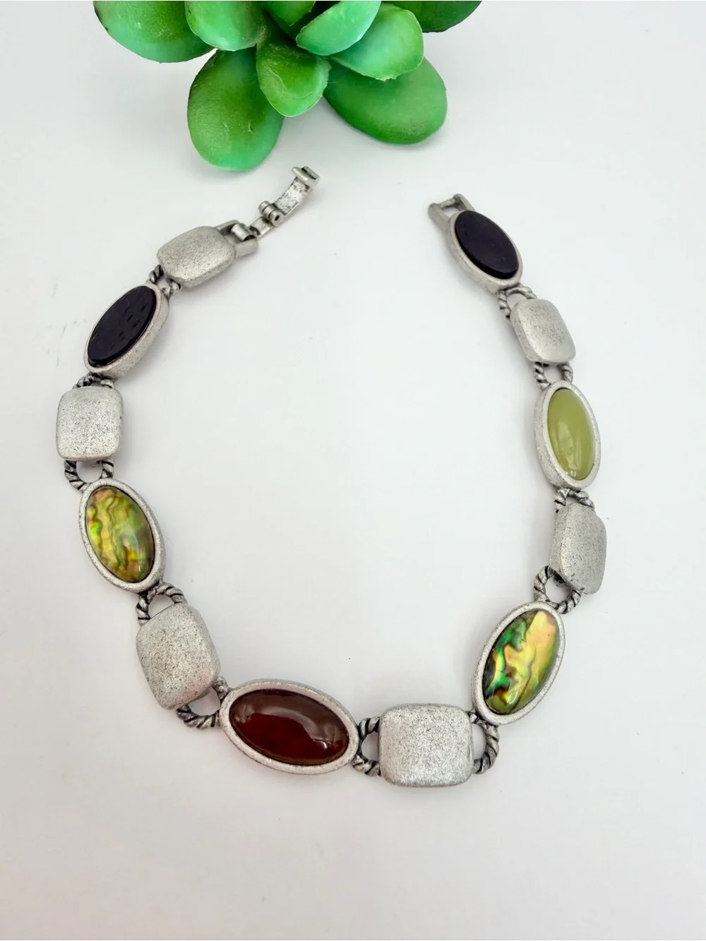 Multi-Stone Silver-Tone Women's Bracelet with Abalone and Colored Inlays
