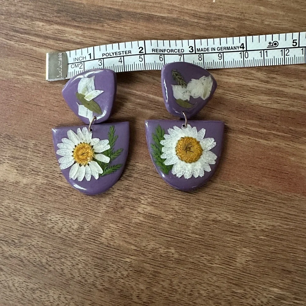 Handmade Purple Enamel Painted Flower Drop Earrings