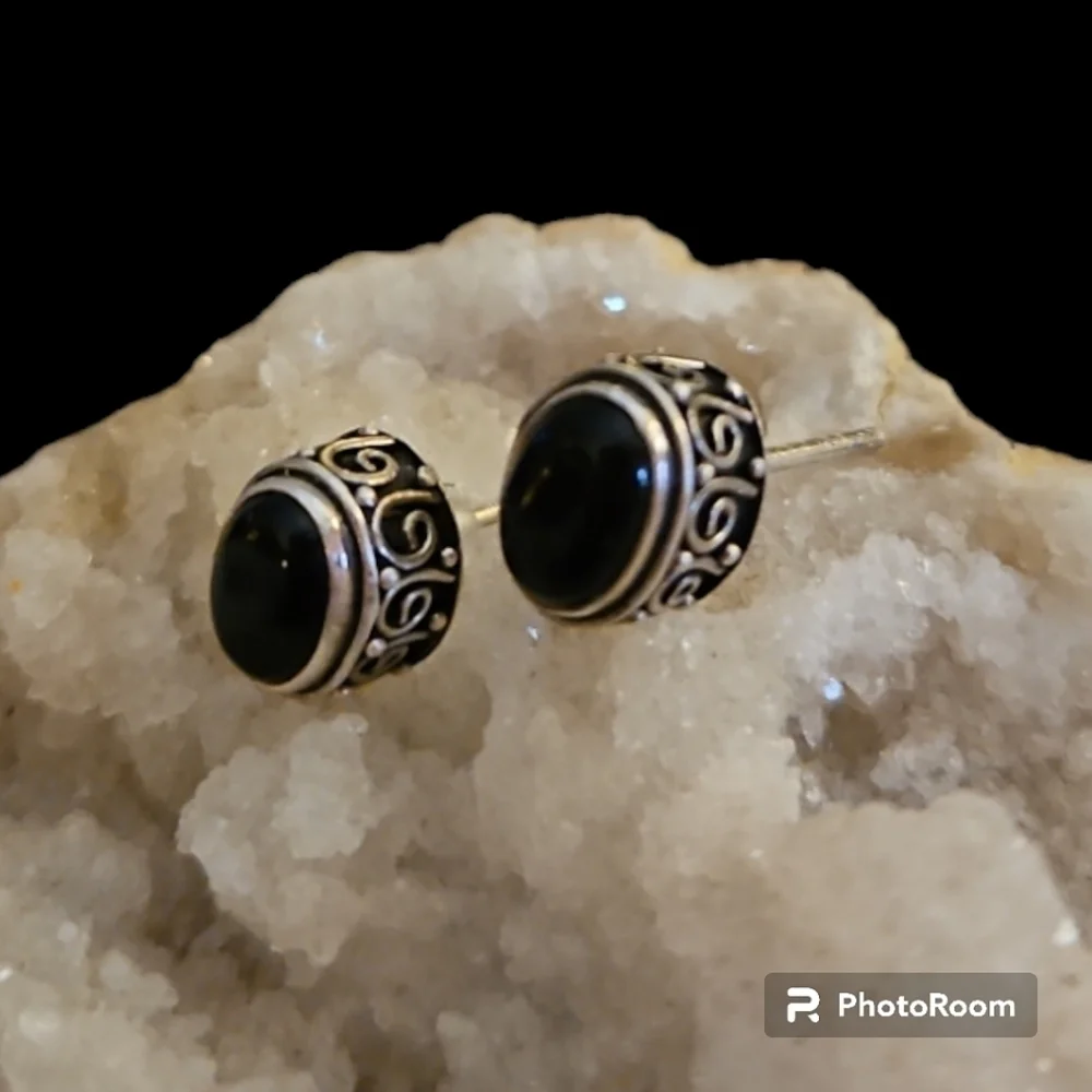 ARTISAN Sterling Silver Black Onyx Scroll Post Earrings