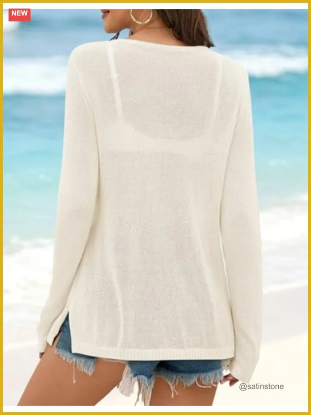 Letter Print Crochet Long Sleeve Cover Up Crew Neck Split Hem Pullover Sweater