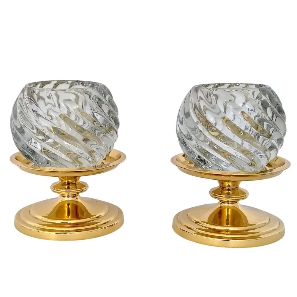 Partylite Swirl Glass Candle Holder Brass Pedestal Votive Tea Light Pair Set of2