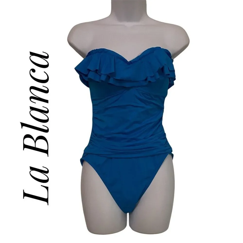 La Blanca Size 10 Ruffle Bandeau One Piece Bikini Swimsuit Blue