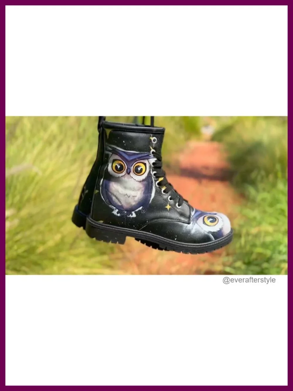 Vegan Leather Long Boots with Owl Print, Low Heel Ankle Booties, Water