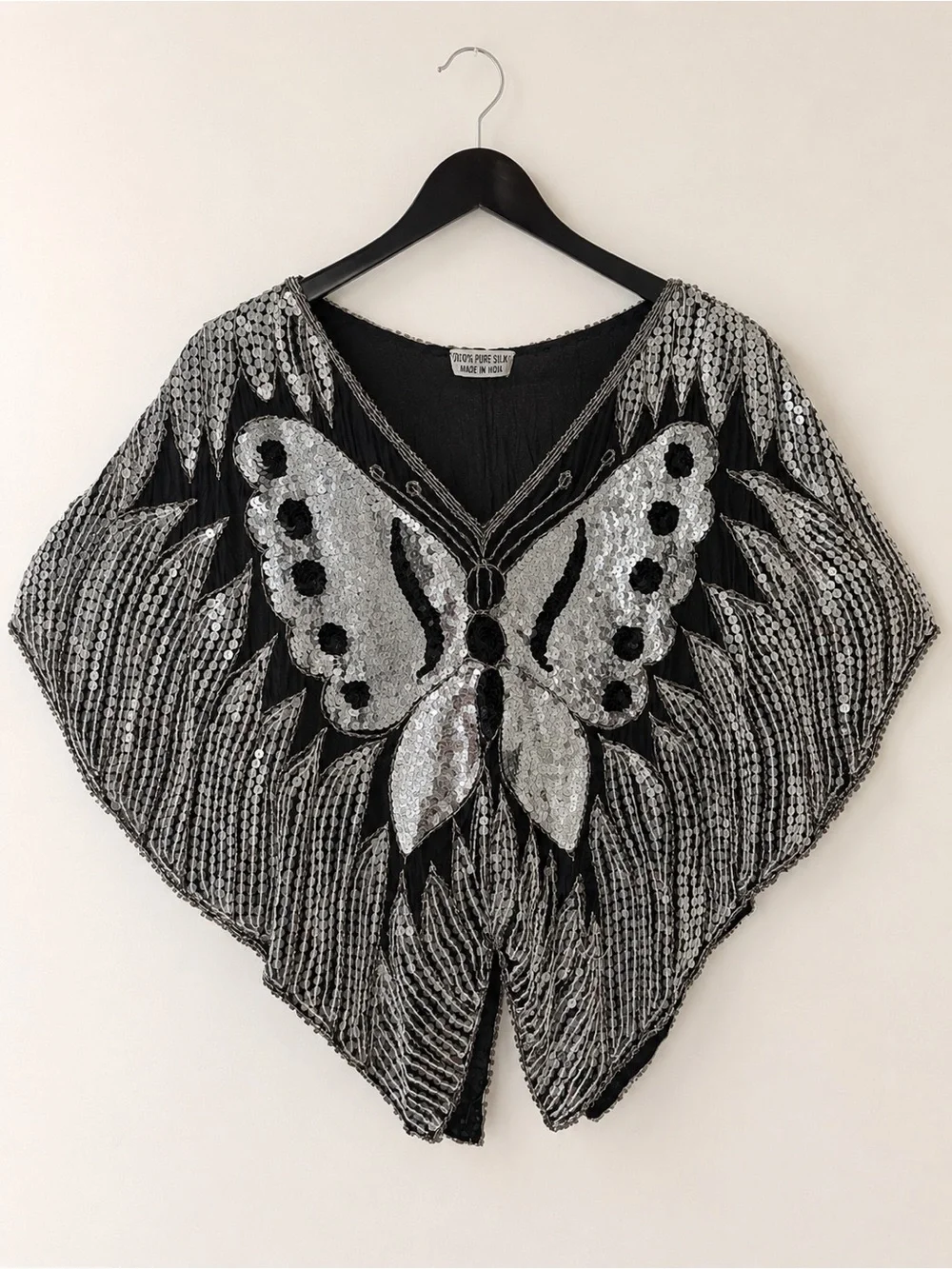 Vintage Silk Black Sheer Sequin Butterfly Poncho Top Beaded Batwing Festival