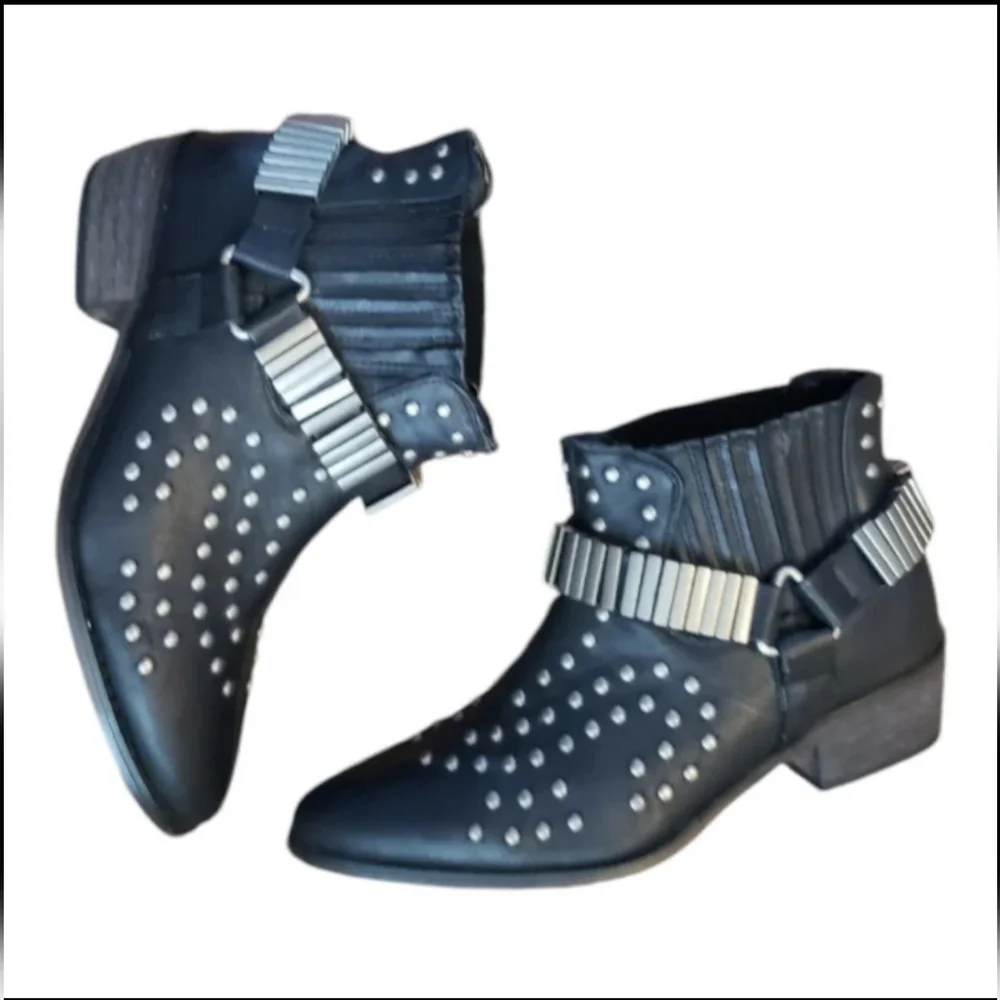 Tennis Black Silver Buckle Stud Boots Shoes Size EU38 US 7.5