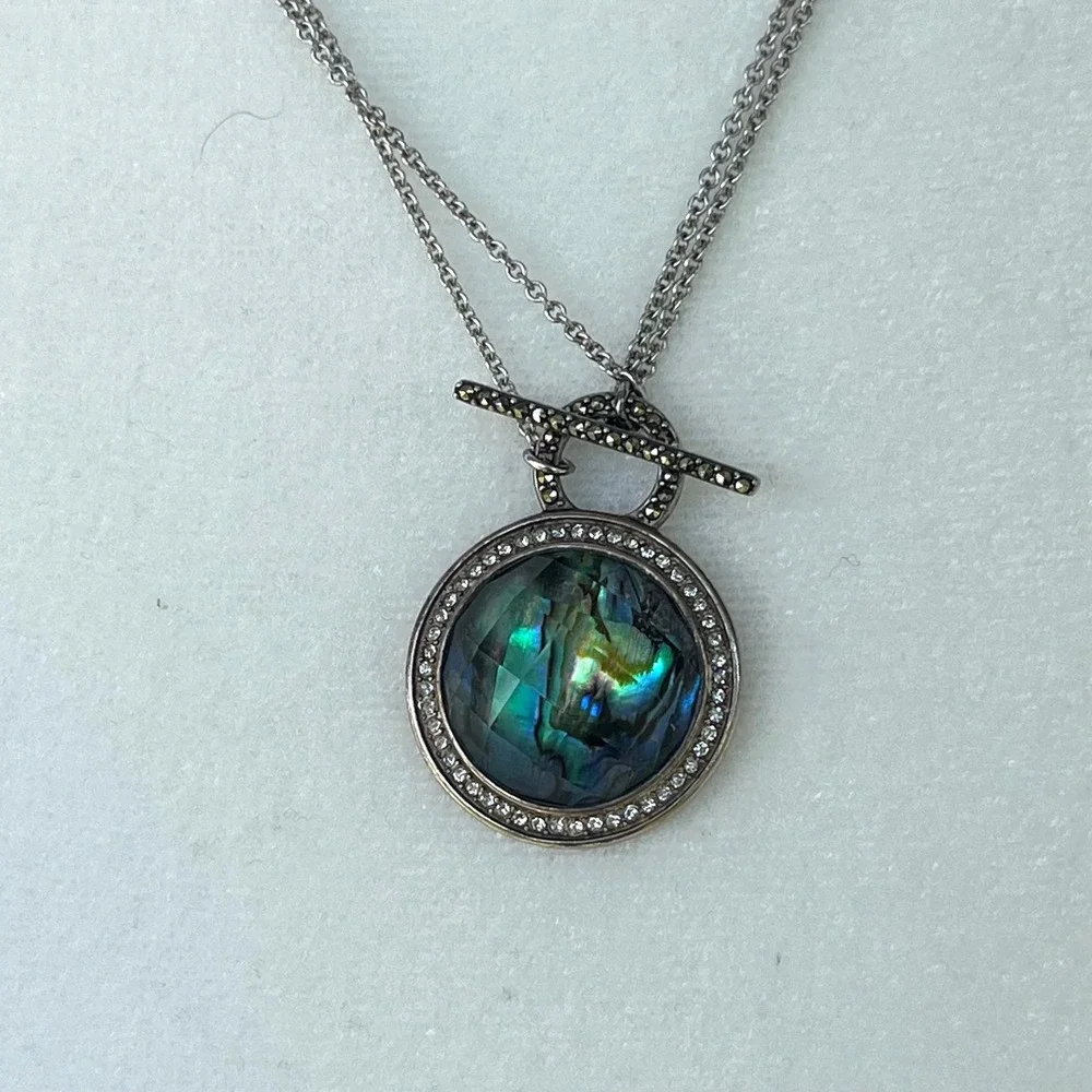 Judith Jack Vintage 925 Silver Double Strand Marcasite Abalone Doublet Necklace