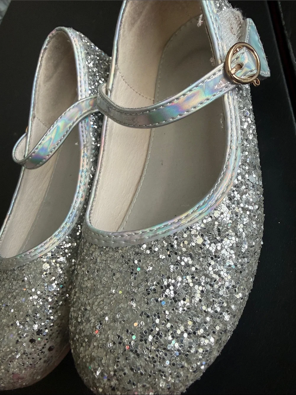 Silver Glitter Mary Jane Shoes for Kids with Holographic Strap