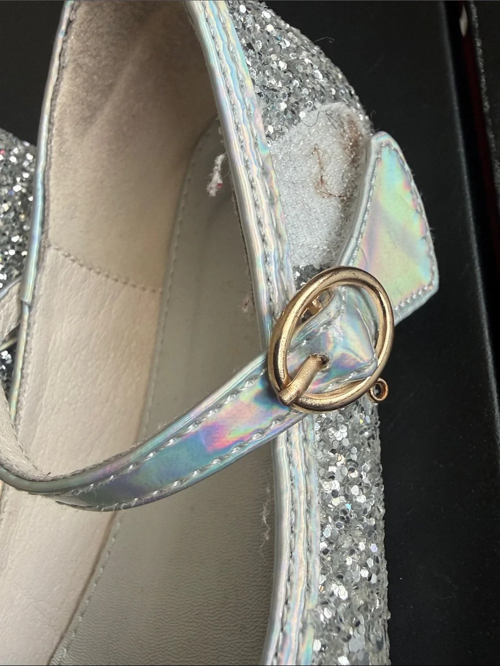 Silver Glitter Mary Jane Shoes for Kids with Holographic Strap