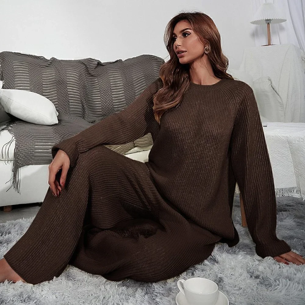 Brown Casual Womens Raglan Sleeve Sweater & Knit Wide Leg Pants